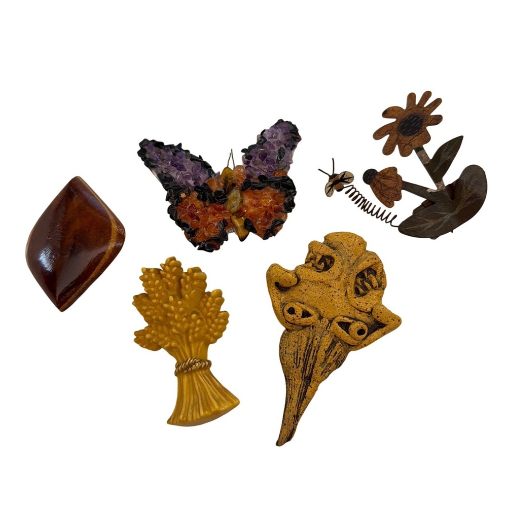 Vintage Unbranded Brooch Pin Lot Butterfly Flower Wheat Wood Boho Whimsical Mix